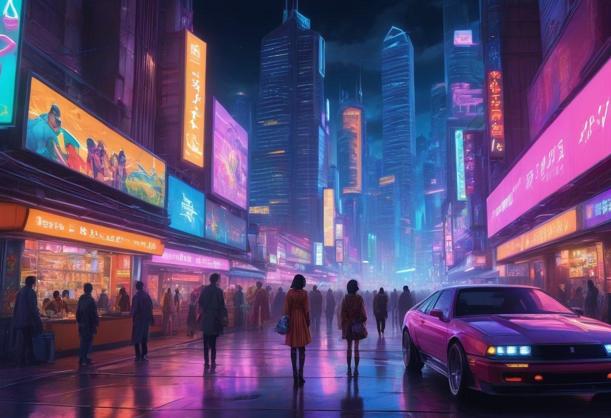 A whimsical and colorful depiction of a diverse group of characters from adult anime, set against a vibrant cityscape representing e-commerce. Include motifs of secure transactions such as digital locks and currency symbols incorporated into the background. The characters should express various emotions, illustrating the exploration theme. Emphasize creativity and fantasy elements. vivid colors. cyberpunk.